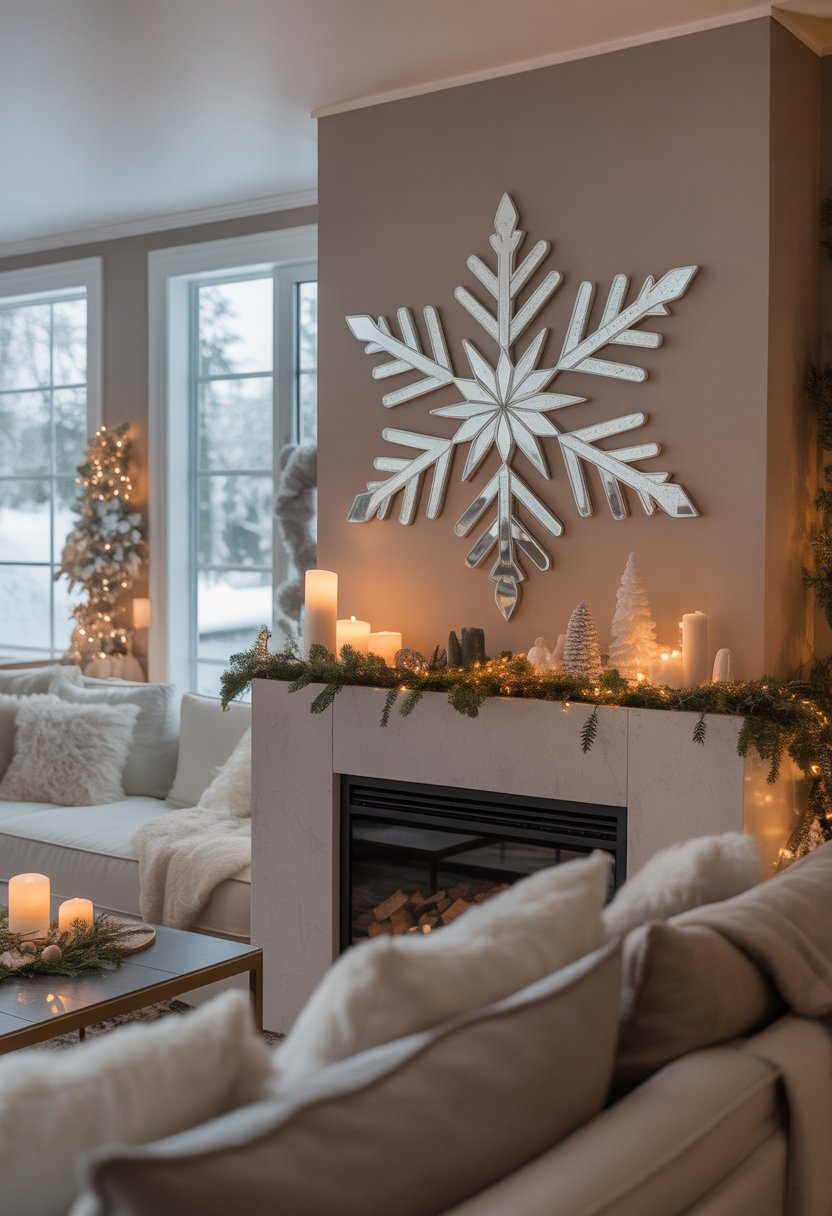 A cozy living room decorated for Christmas with a large mirrored snowflake wall decoration and snowy scenery outside.