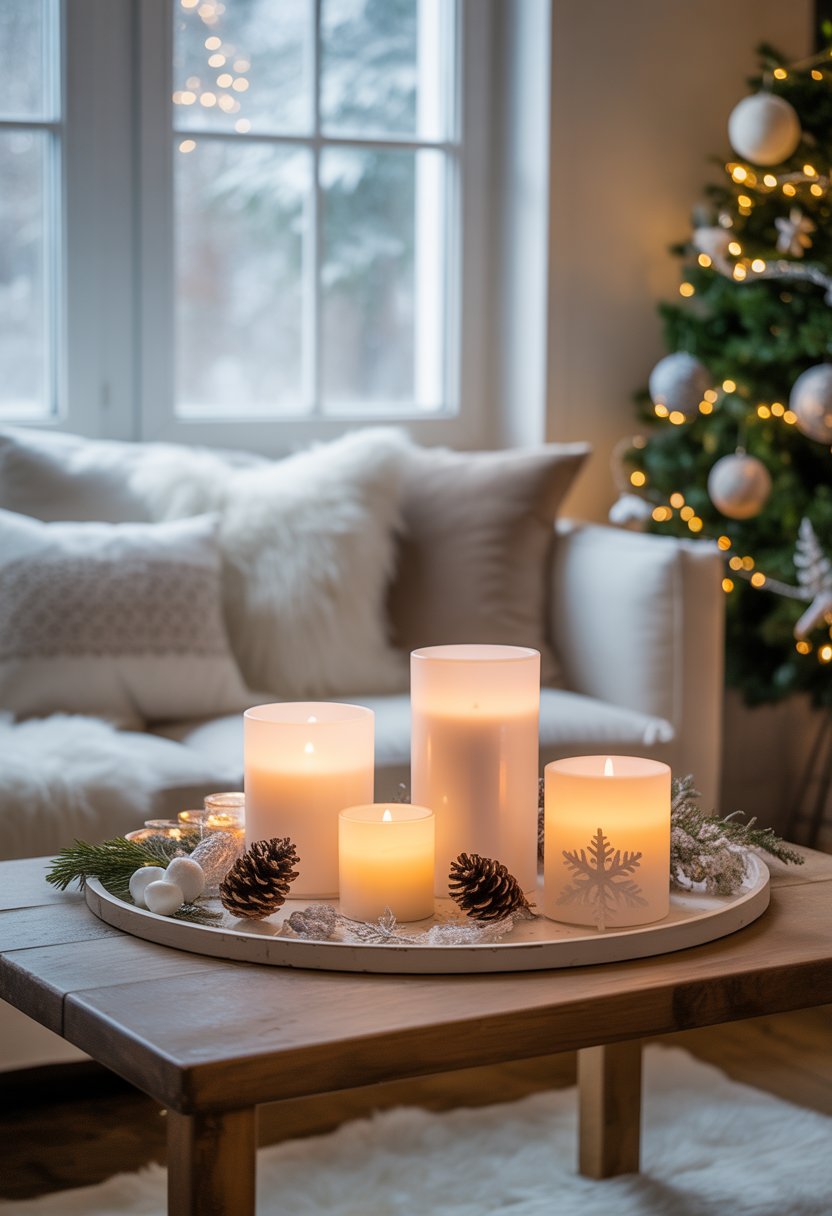 A cozy living room decorated for Christmas with white ceramic candle holders on a wooden table, a decorated Christmas tree, and soft natural light.