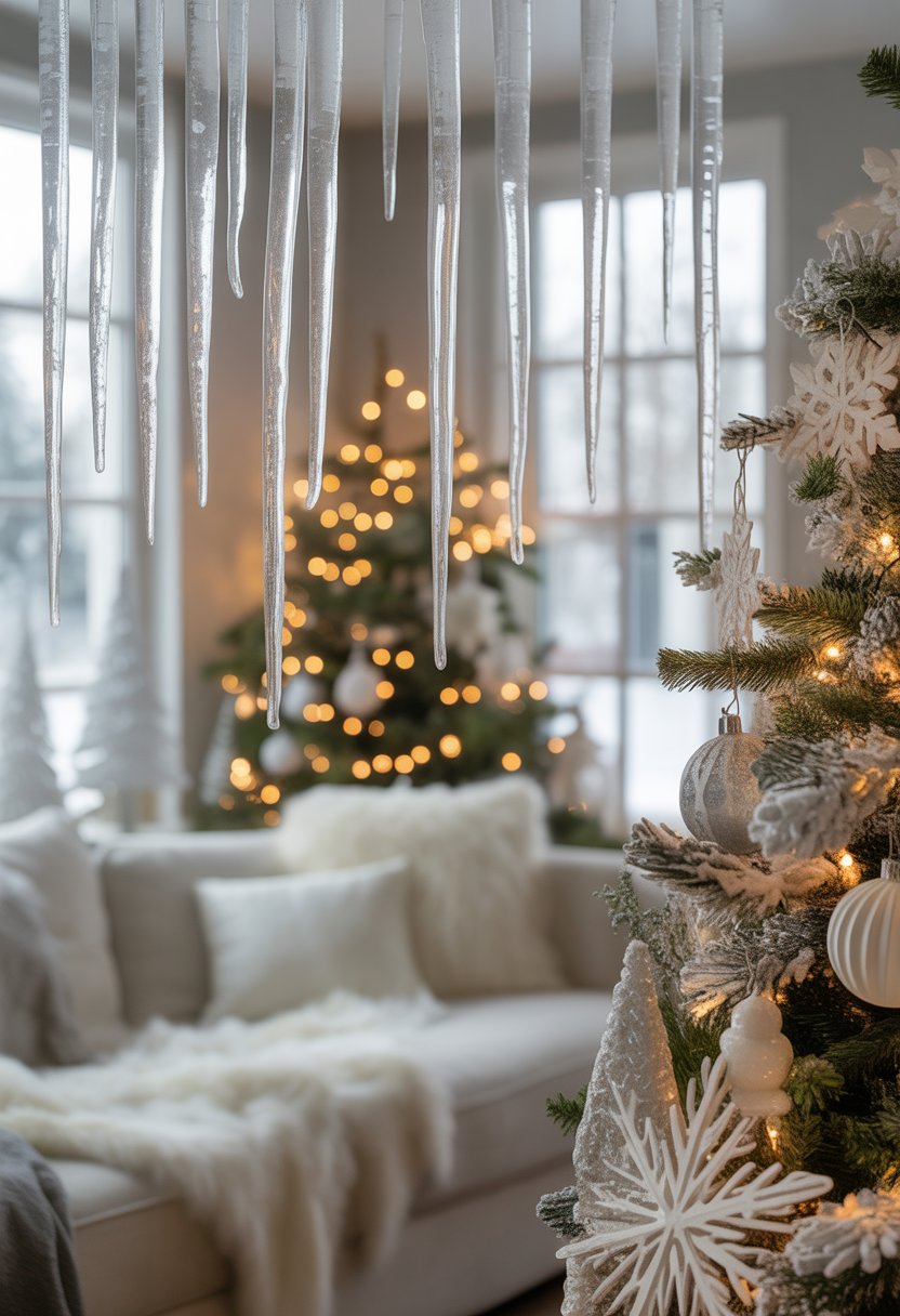 A cozy living room decorated for Christmas with translucent icicle hanging decorations and a white winter theme.
