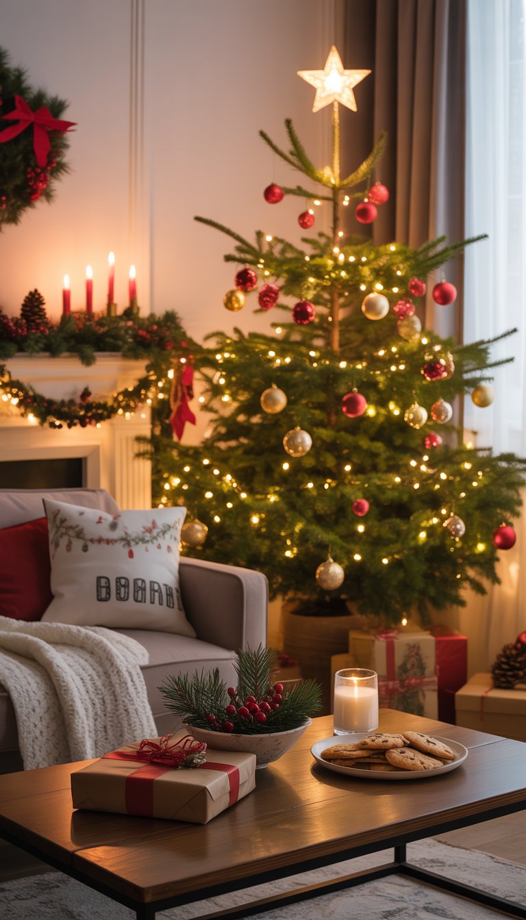 A cozy living room decorated for Christmas with a lit tree, fireplace mantel with garlands, wrapped presents, and holiday decorations.