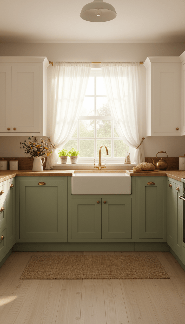 A bright cottage kitchen with white shaker cabinets, soft sage green lower cabinets, large window with sheer curtains, warm brass hardware, and sunlight streaming in onto wooden countertops., variation 2