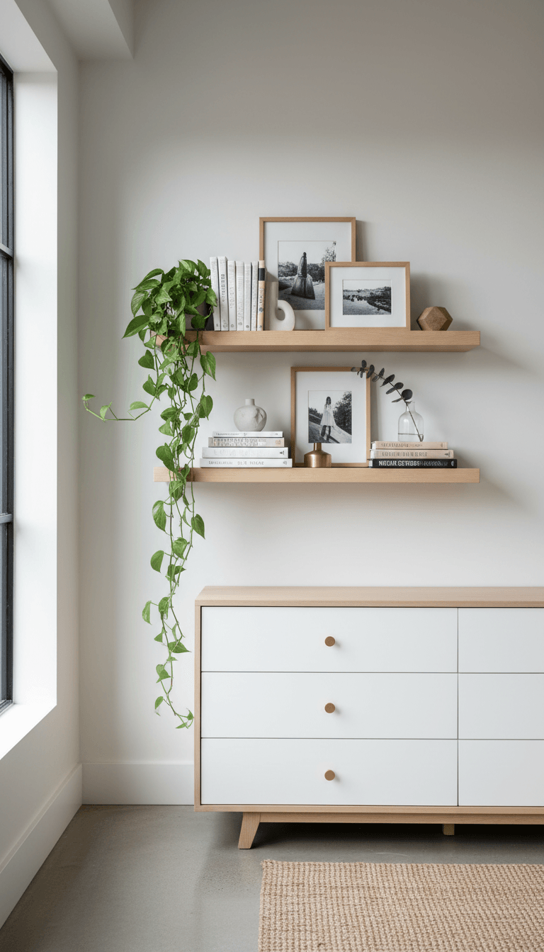 Floating Shelves Styled with Books and Plants