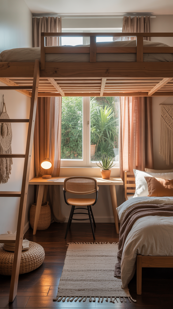 Smart Bedroom Decor: Loft Bed With Desk Underneath and Stairs to the Upper Level