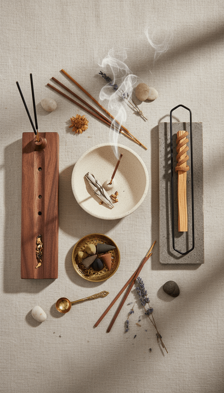 A styled flat-lay of various incense holders in different materials (ceramic, wood, brass, stone) arranged on a neutral fabric background, showcasing minimalist, boho, and modern styles with incense sticks and cones., variation 2
