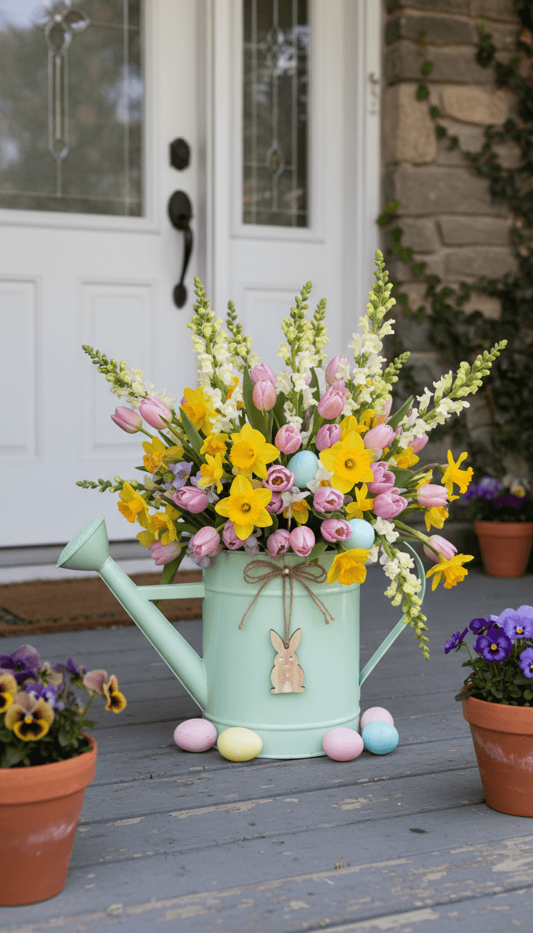 Pastel Watering Can Porch Display