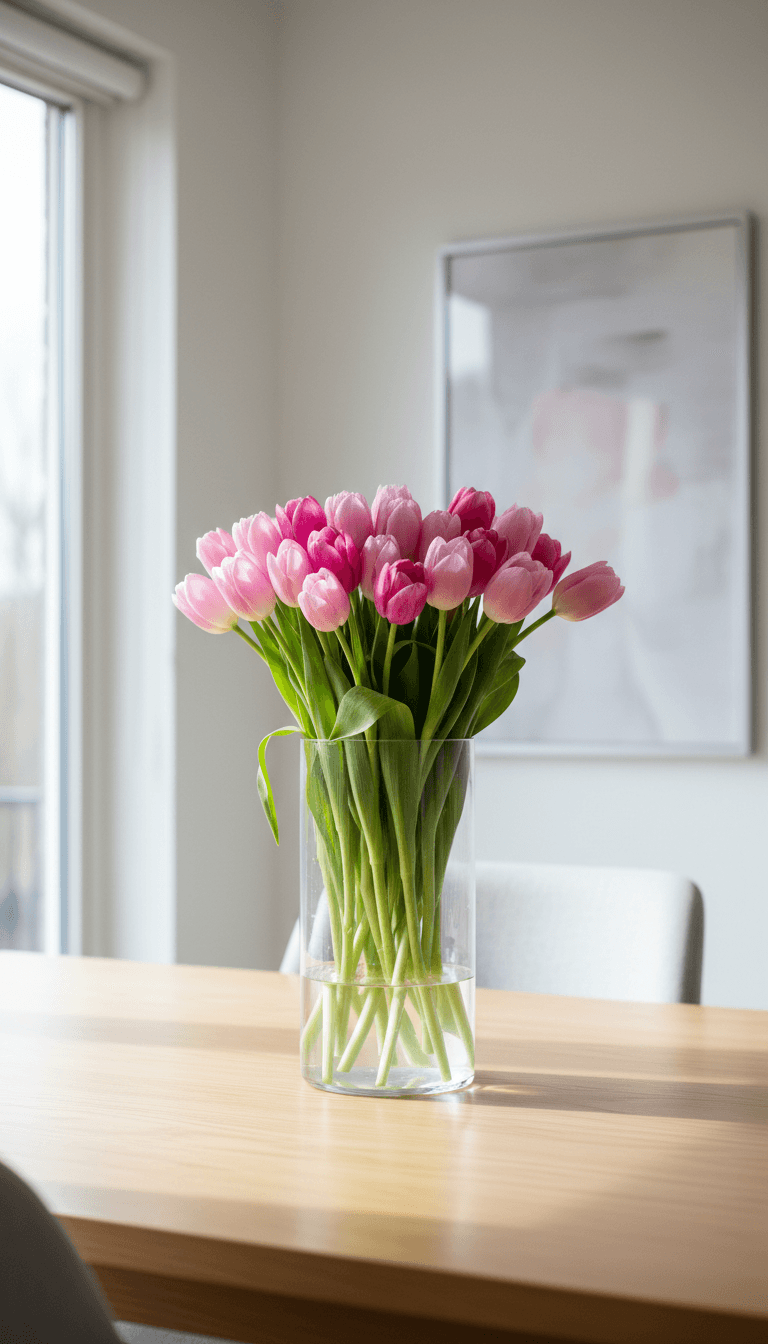 Clear Cylinder Vase with Monochrome Tulips