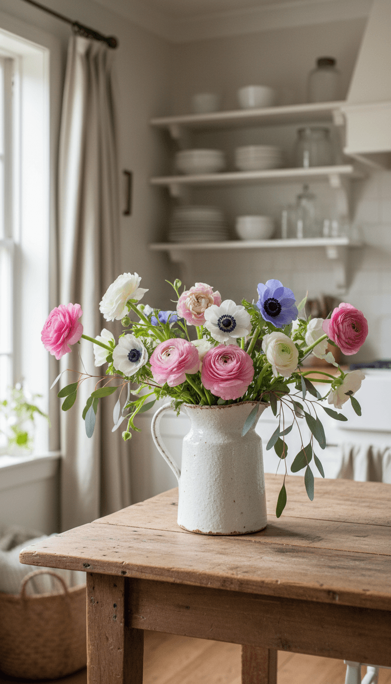 Rustic Pitcher Vase with Garden-Inspired Blooms