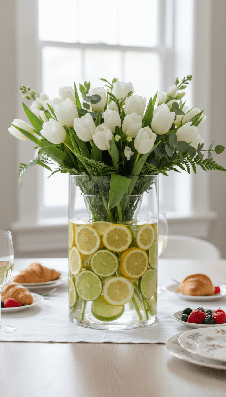 Color-Blocked Vase with Layered Fruits and Flowers
