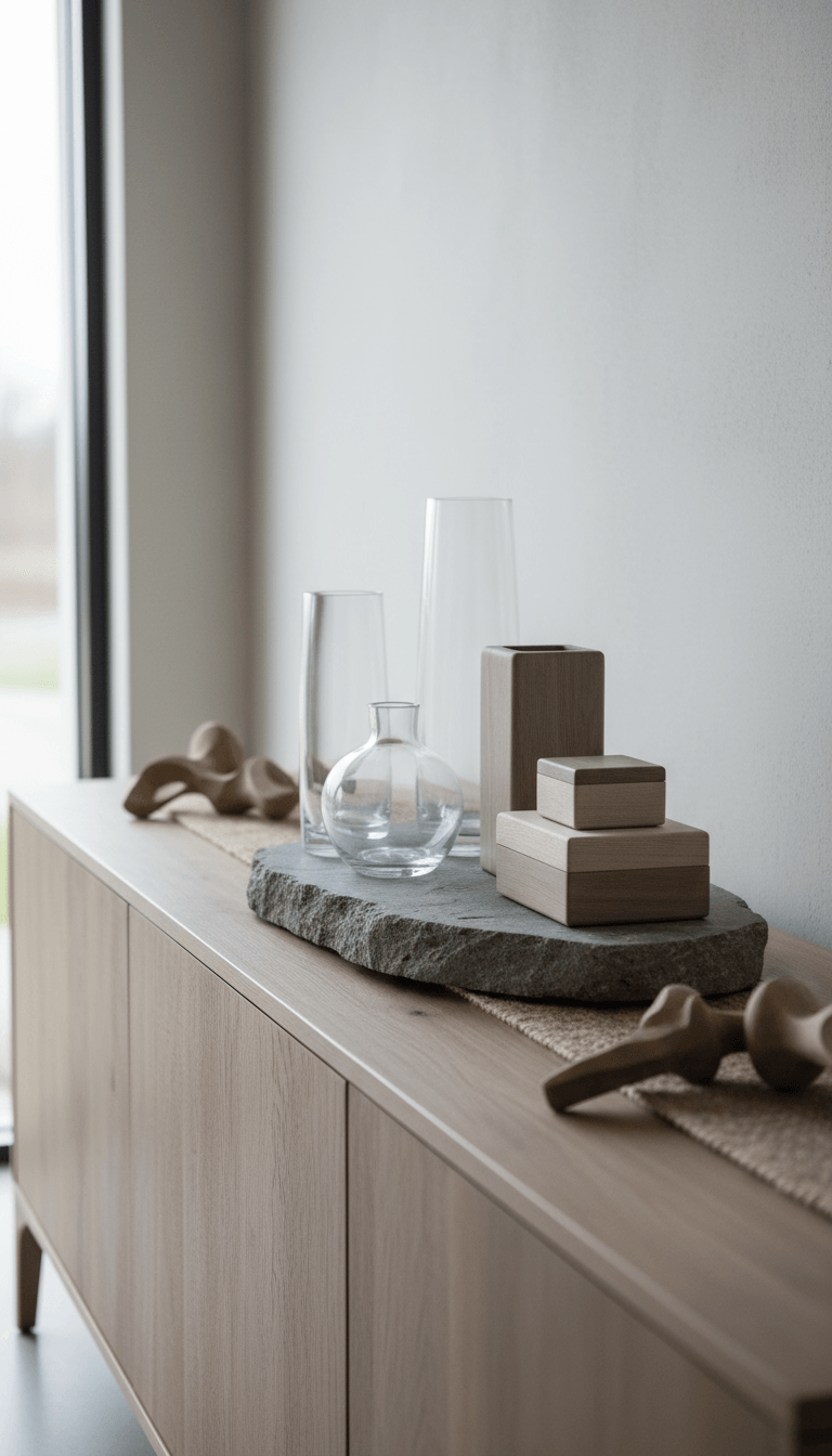 Incorporate Stone, Glass, and Cool Wood Tones