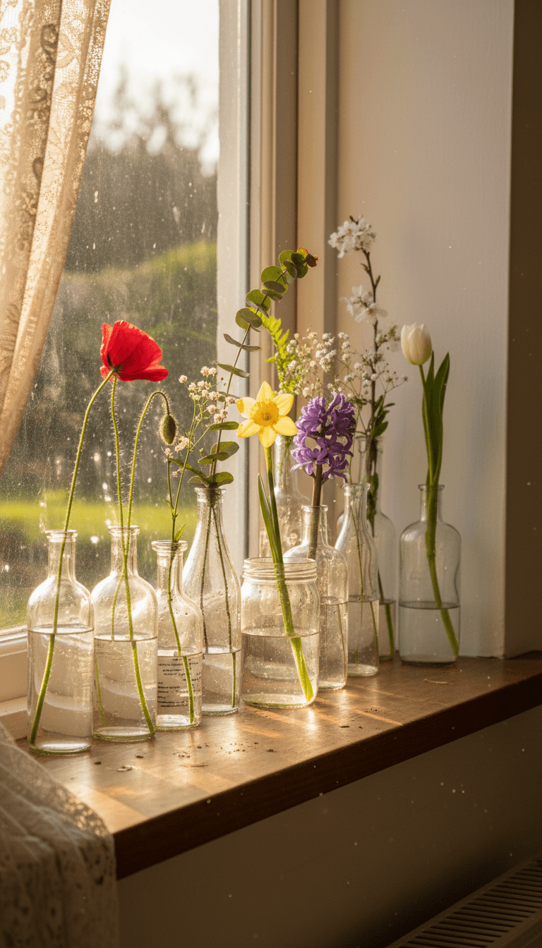 Windowsill Garden with Mismatched Jars and Bottles