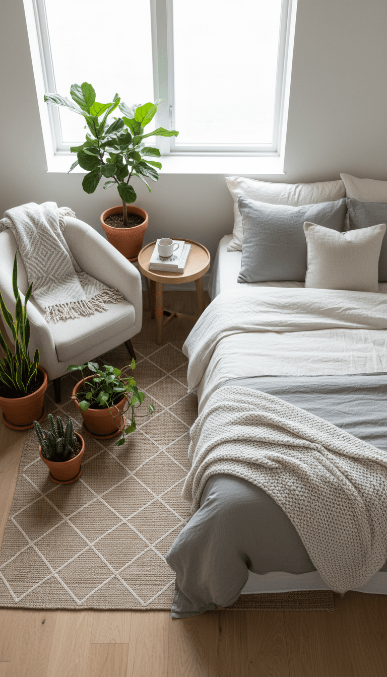 Cozy bedroom with a bright corner by a window, soft neutral bedding, a small area rug, and 3–4 potted plants grouped in the corner, natural daylight, calm and minimal decor, overhead flatlay angle, even natural light, Natural lighting, real photographed feel, beautiful composition. Not showroom-perfect but clean and sharp. Not CGI, not AI-rendered. No film grain, no dust overlay, no noise, no vintage filters.