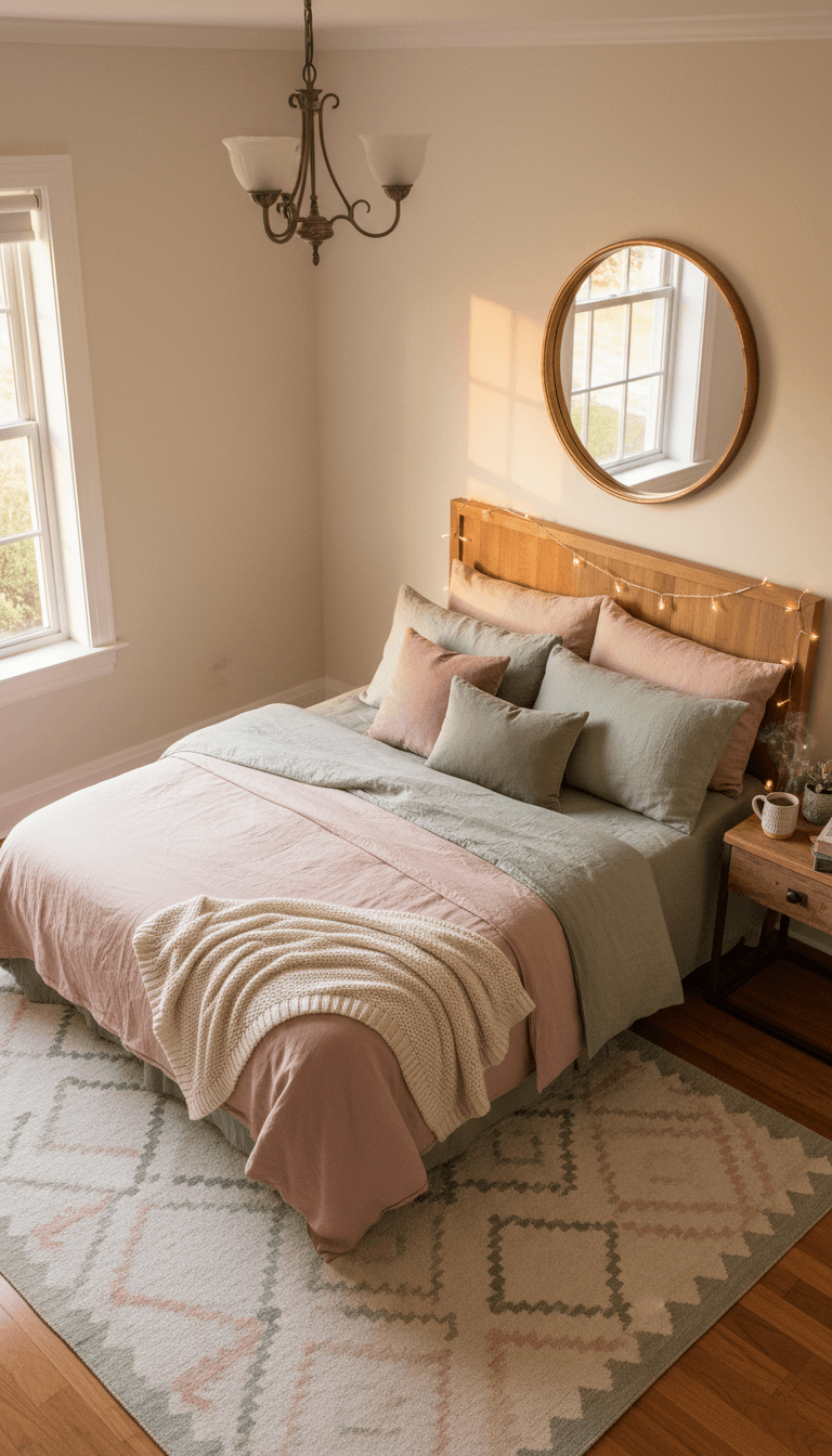 A cozy bedroom with cream walls, warm golden lighting, a small vintage-style chandelier, and fairy lights draped along a wooden headboard, in soft muted tones of blush and sage, photographed in natural late-afternoon light., overhead flatlay angle, even natural light, Natural lighting, real photographed feel, beautiful composition. Not showroom-perfect but clean and sharp. Not CGI, not AI-rendered. No film grain, no dust overlay, no noise, no vintage filters.
