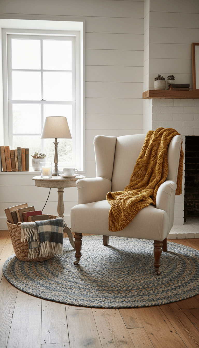 A small reading nook in a cottage-style bedroom with a cushioned armchair, a knitted throw, a side table with a teacup and candle, a warm-glow lamp, a small rug, and a woven basket filled with books and blankets., wide-angle room view, soft natural window light, Natural lighting, real photographed feel, beautiful composition. Not showroom-perfect but clean and sharp. Not CGI, not AI-rendered. No film grain, no dust overlay, no noise, no vintage filters.