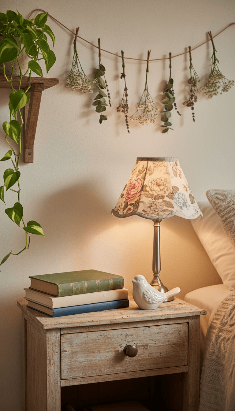 A cozy bedroom corner with a small wooden nightstand holding a stack of hardcover books, a ceramic bird figurine, a vintage-style floral lamp, a hanging dried flower garland above, and a potted plant trailing from a nearby shelf., close-up detail shot, shallow depth of field, Natural lighting, real photographed feel, beautiful composition. Not showroom-perfect but clean and sharp. Not CGI, not AI-rendered. No film grain, no dust overlay, no noise, no vintage filters.