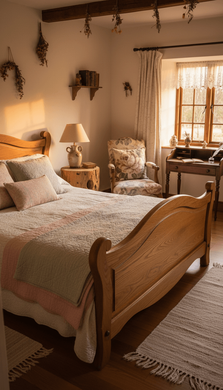 A fairytale cottage bedroom with a curved wooden bed, mismatched wooden nightstands, a small vintage writing desk, and a floral cushioned chair in one corner, with soft, warm natural light and muted pastel accents., intimate close perspective, golden hour glow, Natural lighting, real photographed feel, beautiful composition. Not showroom-perfect but clean and sharp. Not CGI, not AI-rendered. No film grain, no dust overlay, no noise, no vintage filters.