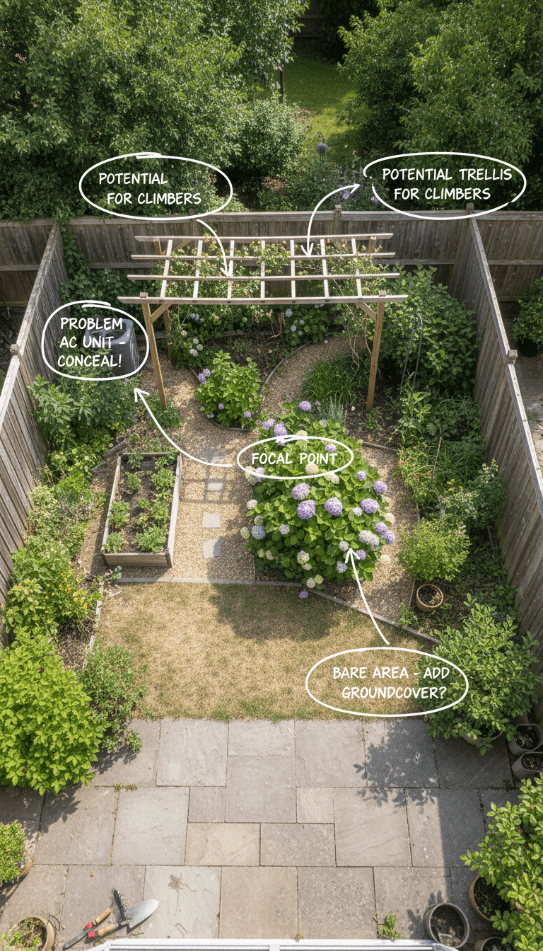 Wide shot of a backyard garden viewed from a patio, with lines and notes sketched showing where a trellis could go, highlighting focal points and problem areas like a bare fence or AC unit., overhead flatlay angle, even natural light, Natural lighting, real photographed feel, slight imperfections, not showroom-perfect, beautiful composition. Not CGI, not AI-rendered.