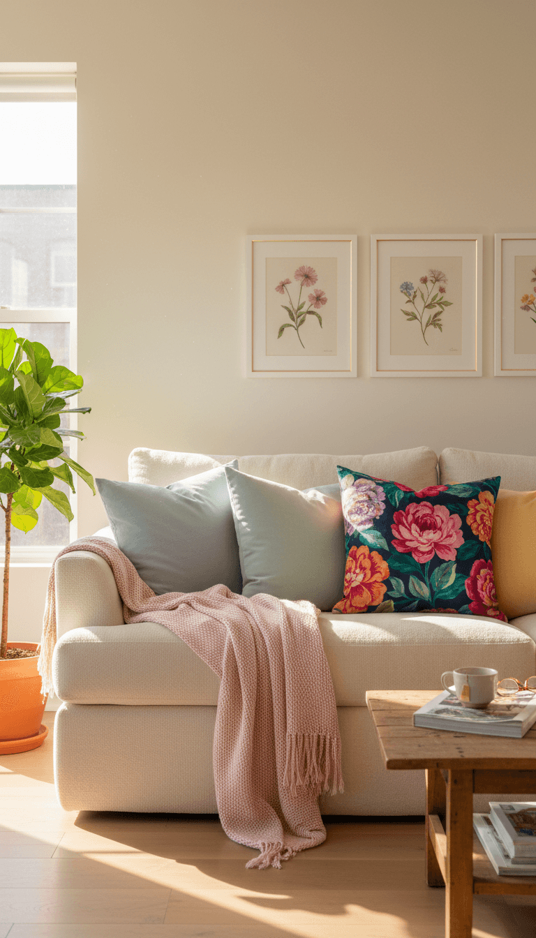 Layer Florals with Pillows, Throws, and Art