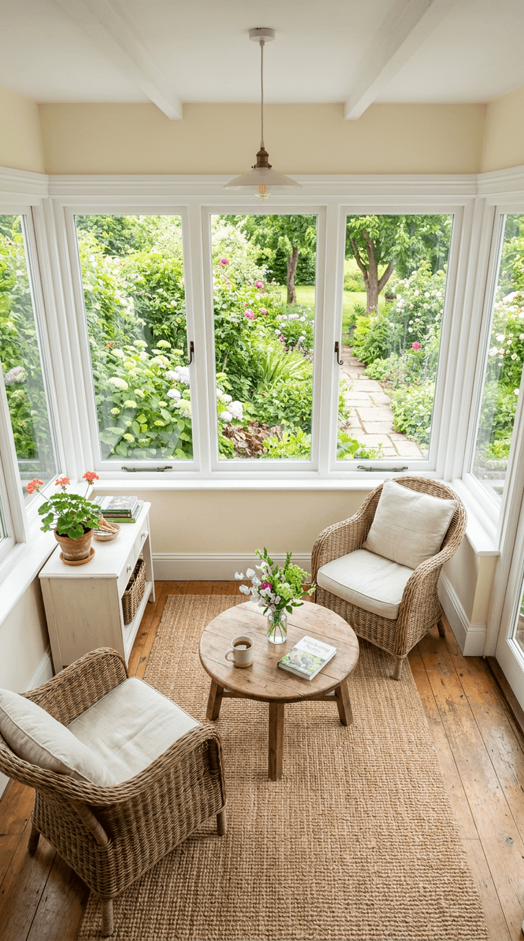 Bright farmhouse sunroom with large windows overlooking a lush garden, light cream walls, white trim, and a simple seating arrangement oriented toward the outdoor view, natural daylight streaming in, overhead flatlay angle, even natural light, Natural lighting, real photographed feel, beautiful composition. Not showroom-perfect but clean and sharp. Not CGI, not AI-rendered. No film grain, no dust overlay, no noise, no vintage filters.