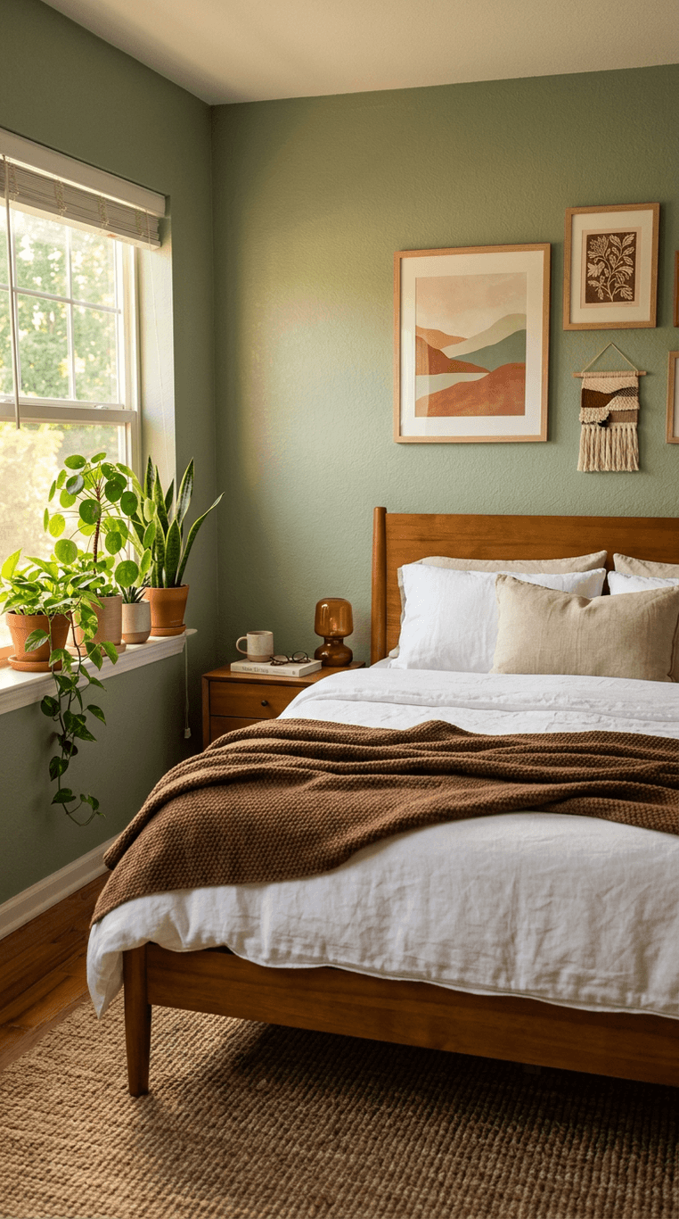 A cozy bedroom with sage green walls, a medium wood bed frame, cocoa brown throw blanket, white bedding, and several potted plants. Soft natural light, woven rug, and earth-toned artwork above the headboard., intimate close perspective, golden hour glow, Natural lighting, real photographed feel, beautiful composition. Not showroom-perfect but clean and sharp. Not CGI, not AI-rendered. No film grain, no dust overlay, no noise, no vintage filters.