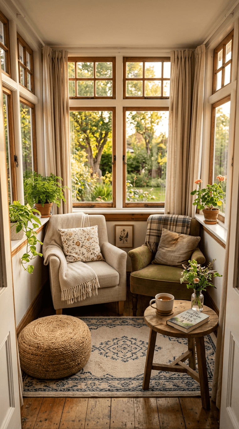 A narrow sunroom with two compact armchairs, a small round side table, and a pouf, arranged to face the windows. Light, cozy textiles and space to move around., intimate close perspective, golden hour glow, Natural lighting, real photographed feel, beautiful composition. Not showroom-perfect but clean and sharp. Not CGI, not AI-rendered. No film grain, no dust overlay, no noise, no vintage filters.