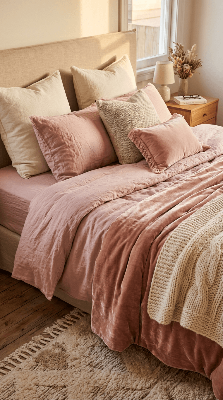 A close-up of a bed styled with layered dusty pink and neutral textiles: linen duvet, velvet throw, knit blanket, multiple pillows in soft pink and cream, with a plush rug partially visible on the floor., intimate close perspective, golden hour glow, Natural lighting, real photographed feel, beautiful composition. Not showroom-perfect but clean and sharp. Not CGI, not AI-rendered. No film grain, no dust overlay, no noise, no vintage filters.