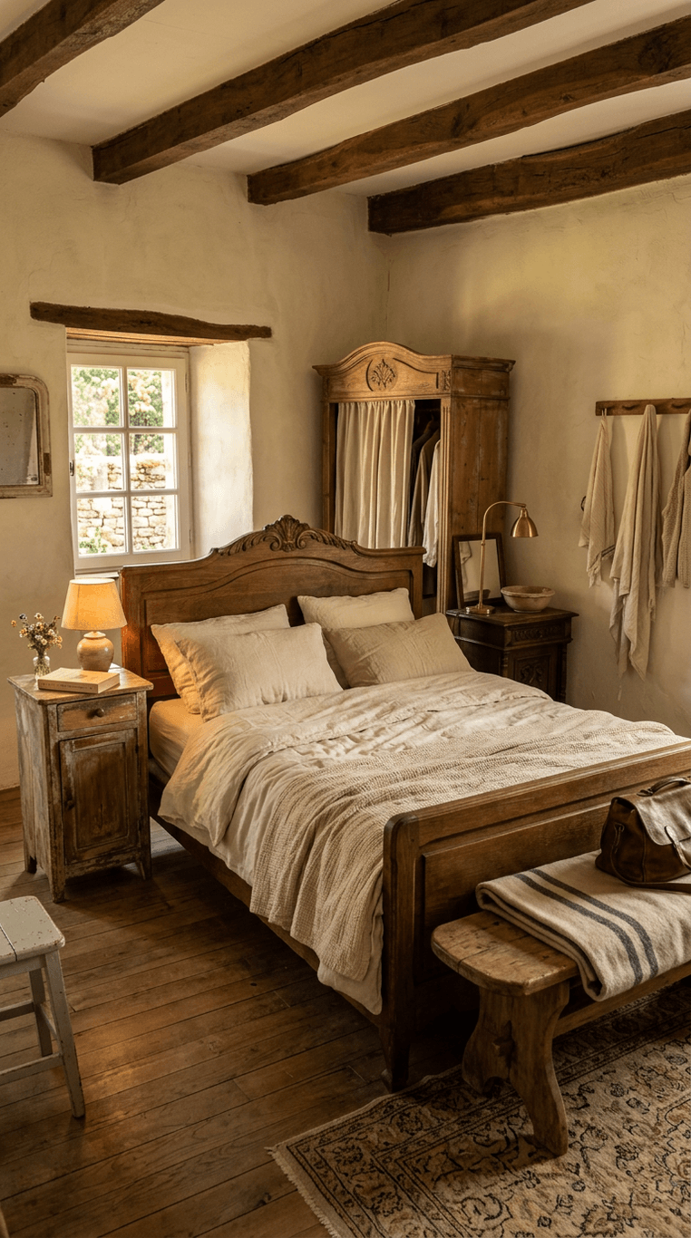 A cozy French farmhouse bedroom featuring a carved wood bed with linen bedding, mismatched vintage wooden nightstands, a small antique armoire, curved-legged bench, and distressed painted furniture, all in warm neutral tones, intimate close perspective, golden hour glow, Natural lighting, real photographed feel, beautiful composition. Not showroom-perfect but clean and sharp. Not CGI, not AI-rendered. No film grain, no dust overlay, no noise, no vintage filters.