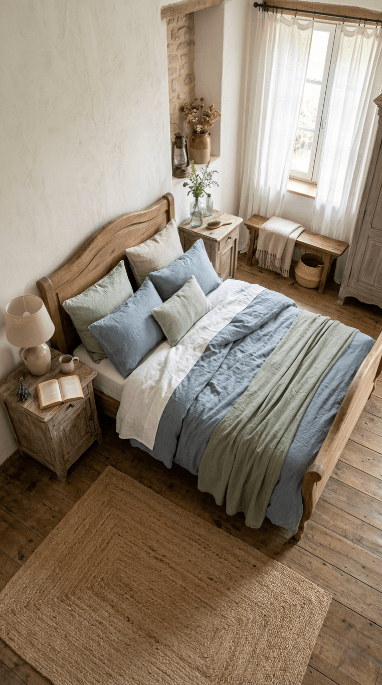 A softly lit bedroom with warm white plaster-style walls, a vintage wood bed, muted pastel textiles in dusty blue and sage, sheer linen curtains, and weathered wood furniture, styled in a light French farmhouse aesthetic, overhead flatlay angle, even natural light, Natural lighting, real photographed feel, beautiful composition. Not showroom-perfect but clean and sharp. Not CGI, not AI-rendered. No film grain, no dust overlay, no noise, no vintage filters.